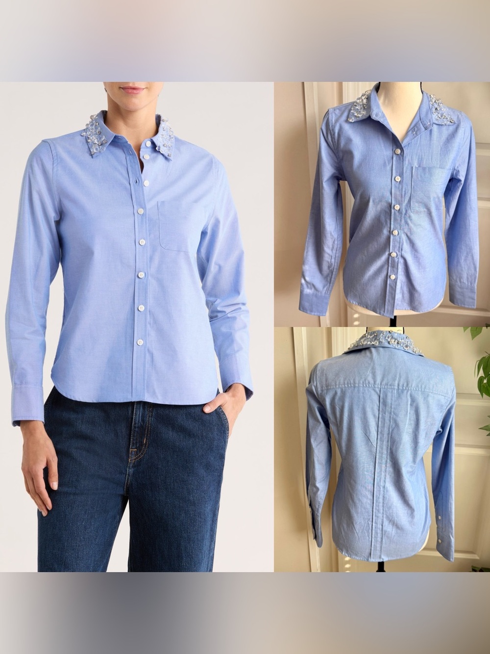 Jason Wu Crystal Embellished Collar Button-Up Shirt Blue Sz XS